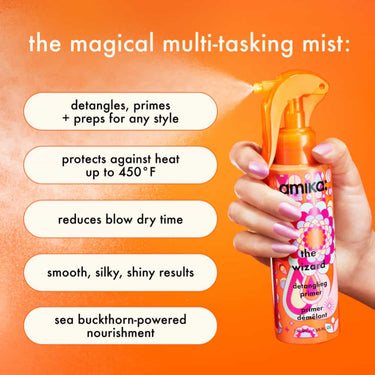 AMIKA The Wizard Detangling Primer, detangles, primes + preps for any style, protects against heat, reduces blow dry time, smooth, silky, shiny results, sea buckthorn powered nourishment