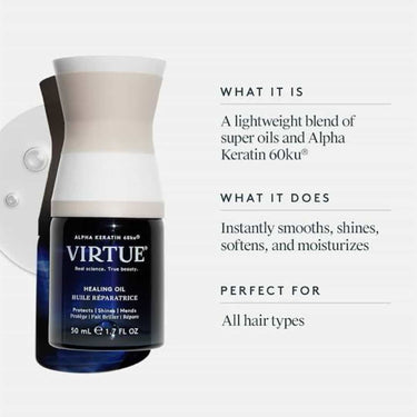 VIRTUE LABS Healing Oil, A lightweight blend of super oils and Alpha Keratin 60ku, Instantly smooths, shines, softens, and moisturizes, All hair types