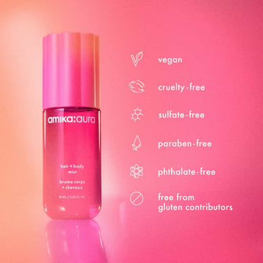 AMIKA Aura Hair + Body Mist 90ml, vegan, cruelty free, sulfate free, paraben free, phthalate free and free from gluten contributors