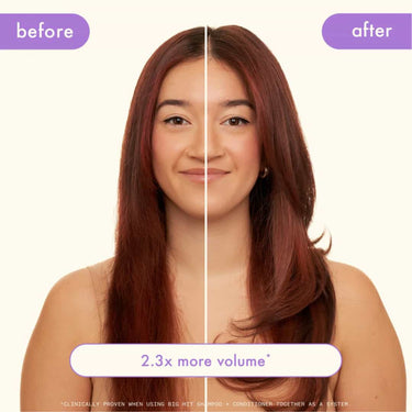 AMIKA Big Hit Volumizing Shampoo and conditioner before and after results with 2.3 times more volume