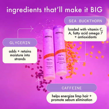 AMIKA Big Hit Volumizing Shampoo and conditioner ingredients that'll make it big, glycertin, sea buckthorn, caffeine