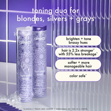 AMIKA Bust Your Brass Cool Blonde Strength Repair Shampoo and conditioner benefits