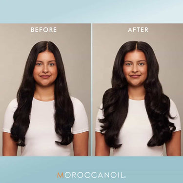 Before and after comparison of hair using Moroccanoil product.