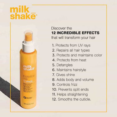 Milkshake incredible milk, Repairs and strengthens, Controls frizz, Prevents split ends, provide heat protection, hold and manageability, detangling, shine, body and volume, maintains colour, shields against UV rays, smooths 