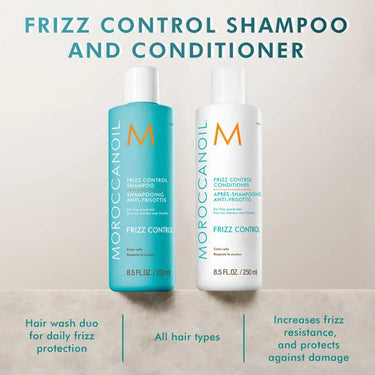 Moroccanoil frizz control shampoo and conditioner hair wash duo for daily frizz protection, all hair types, increases frizz resistamce and protects from damage