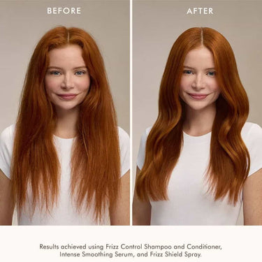 Results achieved using Frizz Control Shampoo and Conditioner, Intense Smoothing Serum, and Frizz Shield Spray.
