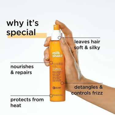 why is MILKSHAKE Incredible Milk special, leaves hair soft and silky, nourishes and repairs, detangles and controls frizz, protects from heat